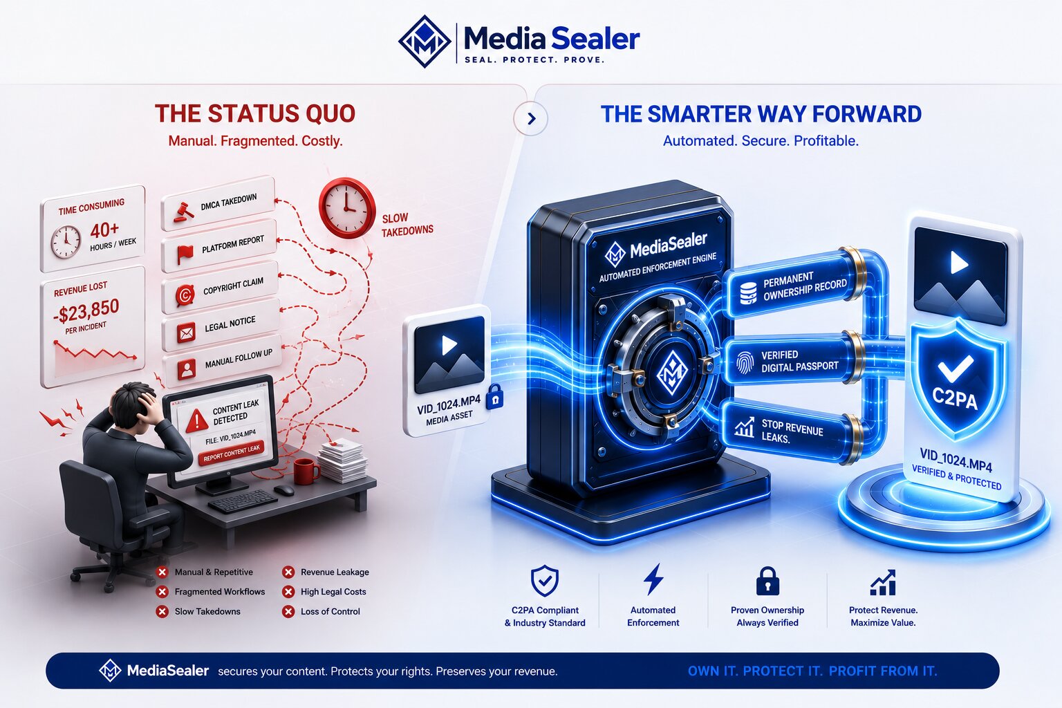 The Status Quo: manual, fragmented, costly takedowns vs. The Smarter Way Forward with MediaSealer's automated C2PA enforcement engine